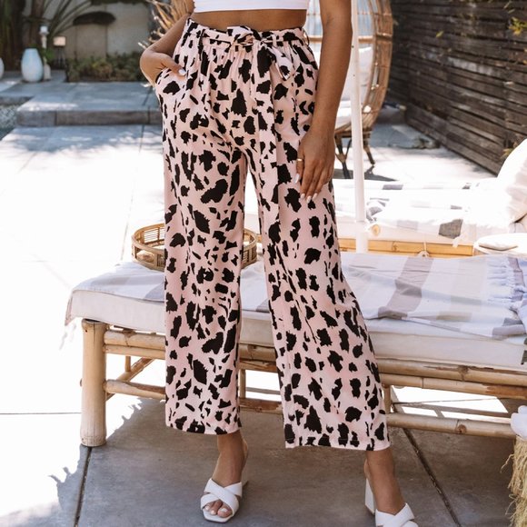 Pink Geometric Print Elastic Waist Pants with Tie. barbiecore - Picture 1 of 10